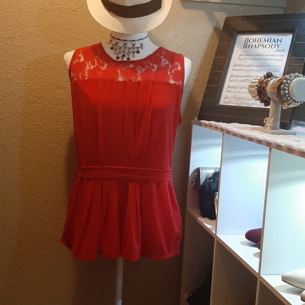 Large red dressy sleeveless sheer top